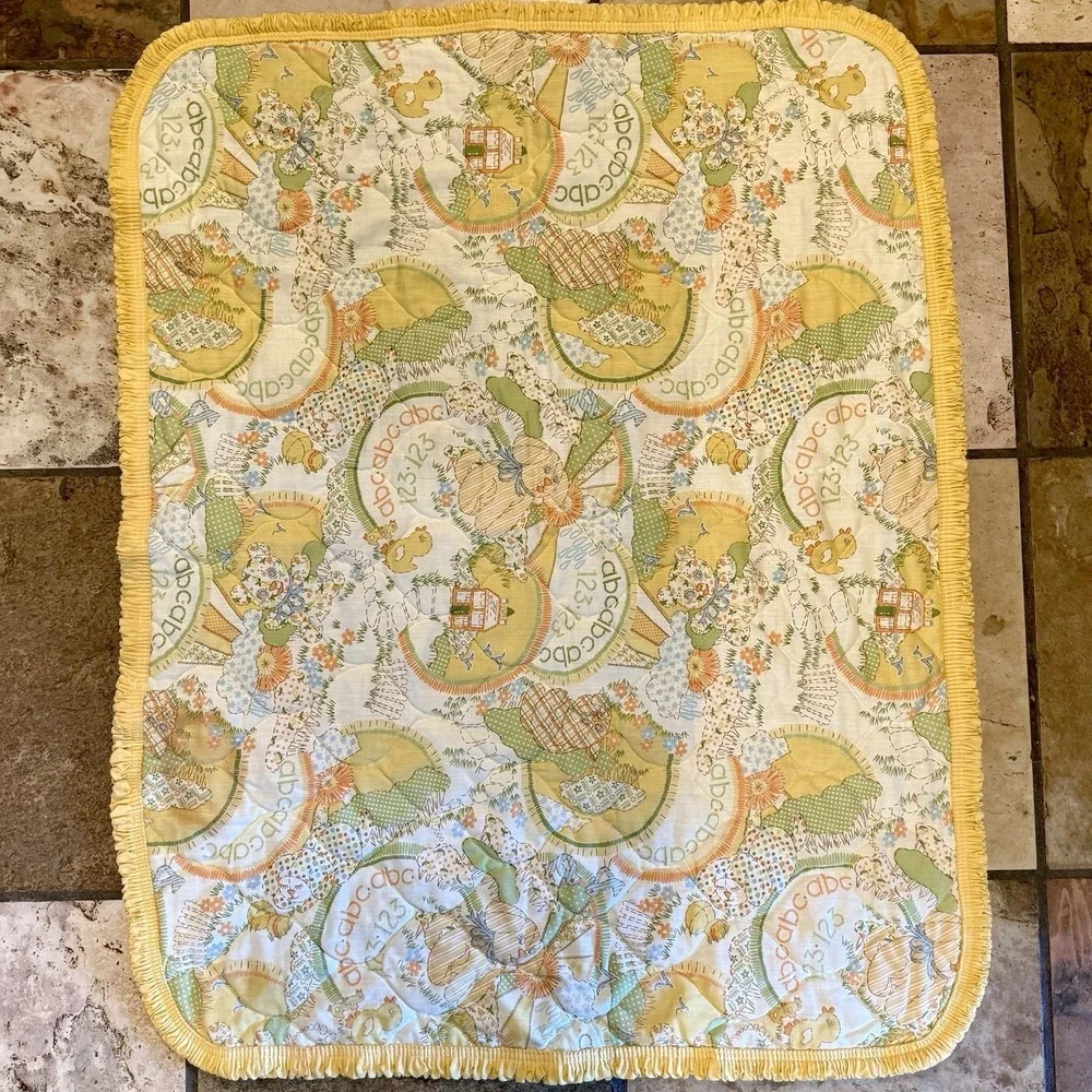 VTG 80s Yellow Baby Blanket Quilt Sears Roebuck & Co Perma-Prest ABC Cat Dog